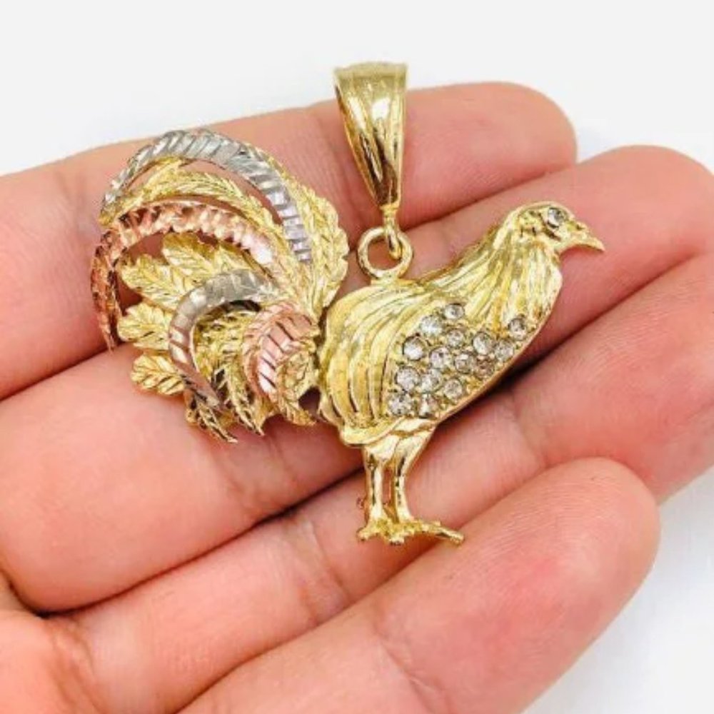18k Tri Color Gold Filled Chicken Rooster Pendant CZ Stones 33x45mm for Womens